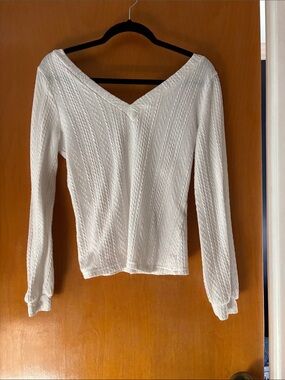 V-Neck Textured Cable Knit Sweater - White